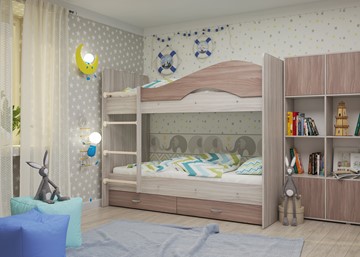 Детская 2-этажная кровать ТМК Мая с 2 ящиками на щитах, корпус Шимо светлый, фасад Шимо темный в Комсомольске-на-Амуре
