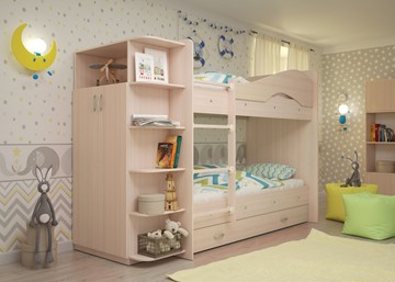 Двухэтажная детская кровать Мая на щитах со шкафом и ящиками, цвет Млечный дуб в Комсомольске-на-Амуре
