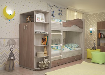 Детская 2-х ярусная кровать Мая на щитах со шкафом и ящиками, корпус Шимо светлый, фасад Шимо темный в Хабаровске