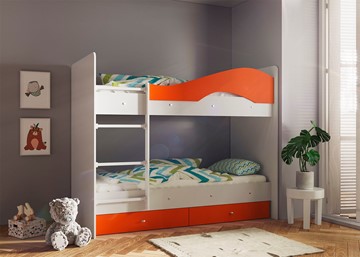 Двухэтажная кровать Мая с 2 ящиками на щитах, корпус Млечный дуб, фасад Оранжевый в Хабаровске