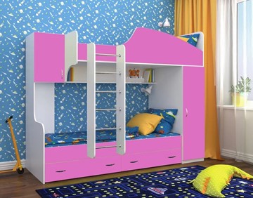 Детская кровать-шкаф Юниор-2, каркас Белое дерево, фасад Розовый в Хабаровске