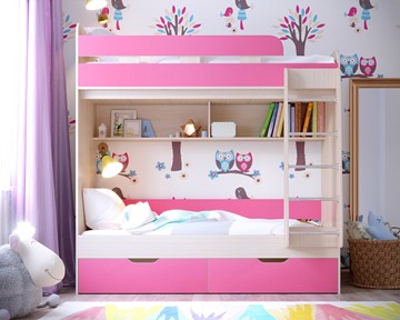 Детская двухэтажная кровать Ярофф Юниор-5, каркас Дуб, фасад Розовый в Комсомольске-на-Амуре