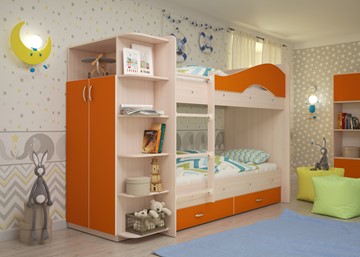 Детская 2-ярусная кровать Мая на щитах со шкафом и ящиками, корпус Млечный дуб, фасад Оранжевый в Хабаровске