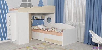 Детская кровать-шкаф Кадет-2 с металлической лестницей, корпус Белое дерево, фасад Дуб в Комсомольске-на-Амуре