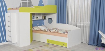 Детская кровать-шкаф Кадет-2 с металлической лестницей, корпус Белое дерево, фасад Лайм в Комсомольске-на-Амуре