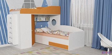 Детская кровать-шкаф Кадет-2 с металлической лестницей, корпус Белое дерево, фасад Оранжевый в Комсомольске-на-Амуре