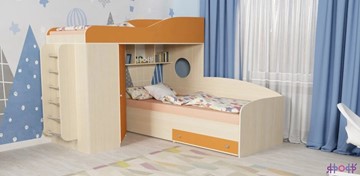 Детская кровать-шкаф Кадет-2 с металлической лестницей, корпус Дуб, фасад Оранжевый в Комсомольске-на-Амуре