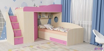 Детская кровать-шкаф Кадет-2 с универсальной лестницей, корпус Дуб, фасад Розовый в Комсомольске-на-Амуре