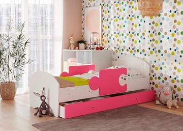 Детская кровать с ящиком и бортиками Мозайка, корпус Белый/фасад Розовый (ламели) в Хабаровске