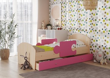 Кровать детская с ящиком и бортиками Мозайка, корпус Млечный дуб/фасад Розовый (ламели) в Хабаровске