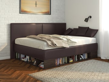 Детская 1,5-спальная кровать Lancaster 1, 120х200, ЛДСП венге, экокожа коричневая в Хабаровске
