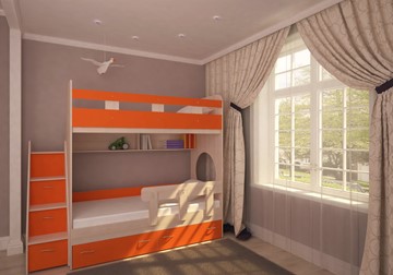 Двухъярусная детская кровать Ярофф Юниор-1 с бортом, каркас Дуб, фасад Оранжевый в Комсомольске-на-Амуре