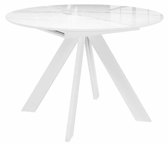 Стол обеденный раскладной раздвижной DikLine SFC110 d1100 стекло Оптивайт Белый мрамор/подстолье белое/опоры белые в Хабаровске