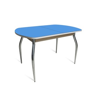 Кухонный обеденный стол ПГ-06 СТ2, дуб молочный/синие стекло/35 хром гнутые металл в Хабаровске