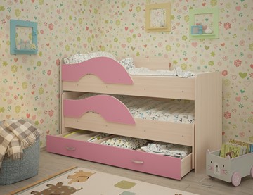 Детская 2-этажная кровать Радуга 1.6 с ящиком, корпус Млечный дуб, фасад Розовый в Комсомольске-на-Амуре