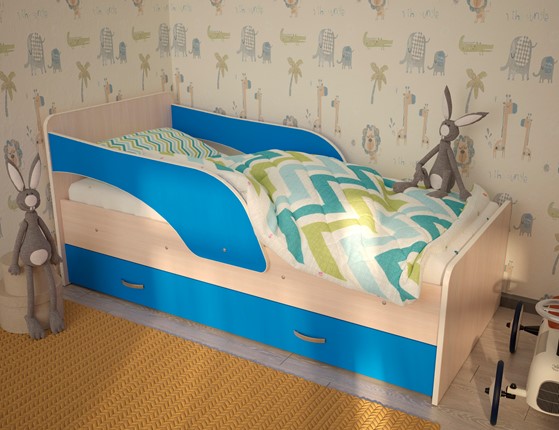 Кровать с бортиками Максимка, корпус Млечный дуб, фасад Синий в Комсомольске-на-Амуре - изображение
