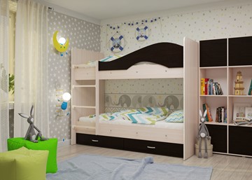 Детская  двухъярусная кровать Мая с 2 ящиками на щитах, корпус Млечный дуб, фасад Венге в Хабаровске - предосмотр 1
