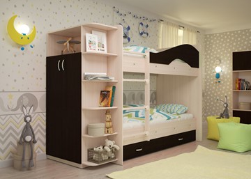 Детская  двухъярусная кровать Мая с 2 ящиками на щитах, корпус Млечный дуб, фасад Венге в Хабаровске - предосмотр 2
