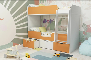 Детская двухэтажная кровать Малыш двойняшка 70х160, корпус Белое дерево, фасад Оранжевый в Хабаровске