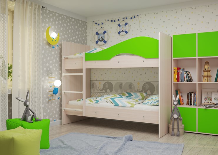 Детская двухъярусная кровать Мая на щитах, корпус Млечный дуб, фасад Салатовый в Комсомольске-на-Амуре - изображение 1