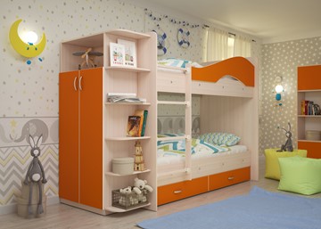 Двухэтажная кровать Мая с 2 ящиками на щитах, корпус Млечный дуб, фасад Оранжевый в Комсомольске-на-Амуре - предосмотр 1