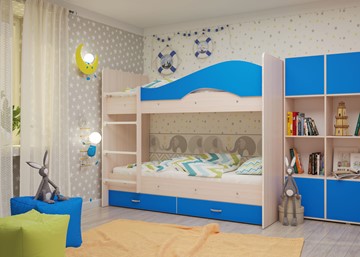 Детская 2-х ярусная кровать Мая с 2 ящиками на щитах, корпус Млечный дуб, фасад Синий в Хабаровске - предосмотр 3