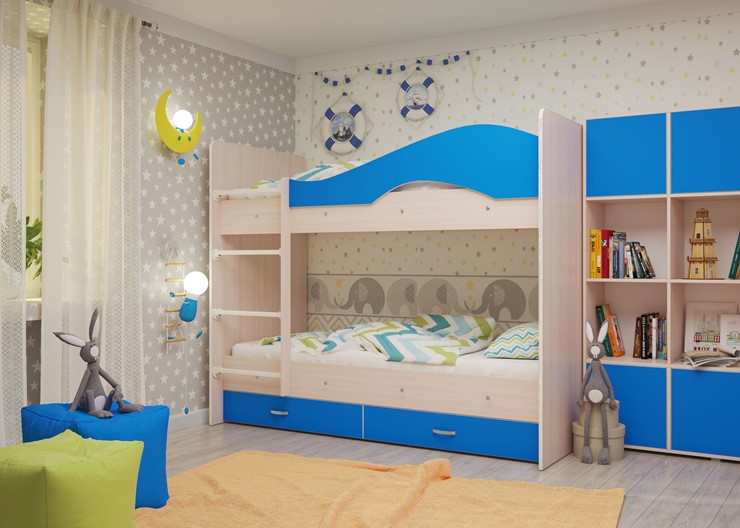Детская 2-х ярусная кровать Мая с 2 ящиками на щитах, корпус Млечный дуб, фасад Синий в Хабаровске - изображение 3