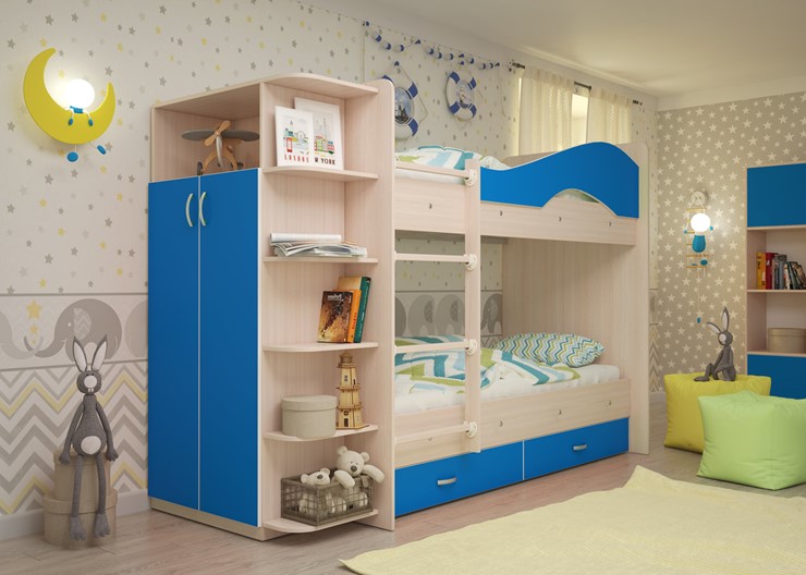 Детская 2-х ярусная кровать Мая с 2 ящиками на щитах, корпус Млечный дуб, фасад Синий в Хабаровске - изображение 1