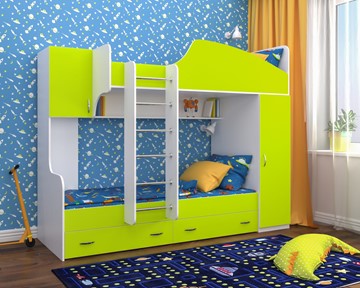 Детская двухэтажная кровать Юниор-2, каркас Белое дерево, фасад Лайм в Хабаровске - предосмотр
