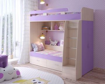 Двухэтажная детская кровать Юниор-6, каркас Дуб молочный, фасад Ирис в Хабаровске - предосмотр 1