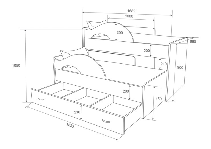 Кровать 2-ярусная Радуга 1.6 с ящиком, корпус Шимо светлый, фасад Шимо темный в Хабаровске - изображение 1