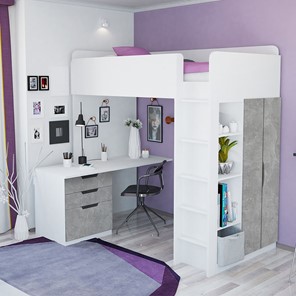 Кровать детская с письменным столом и шкафом POLINI Kids Simple Белый / Бетон в Комсомольске-на-Амуре - предосмотр 1