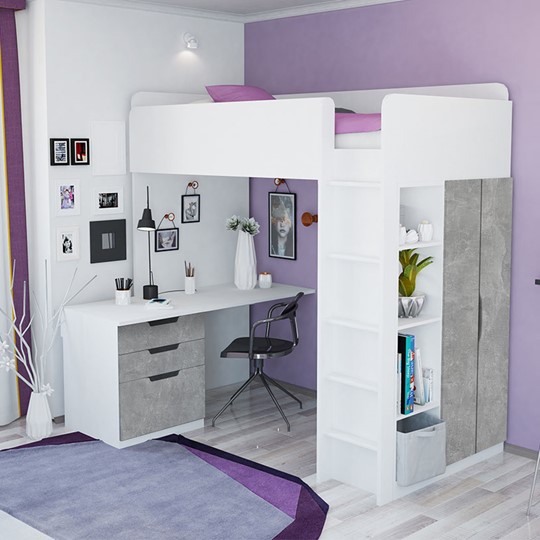 Кровать детская с письменным столом и шкафом POLINI Kids Simple Белый / Бетон в Комсомольске-на-Амуре - изображение 1
