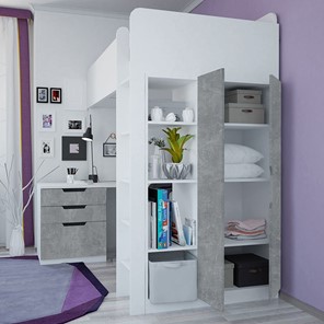 Кровать детская с письменным столом и шкафом POLINI Kids Simple Белый / Бетон в Хабаровске - предосмотр 2