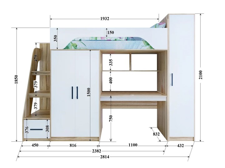 Кровать-чердак с шкафом Тея, каркас Винтерберг, фасад Зира в Хабаровске - изображение 1