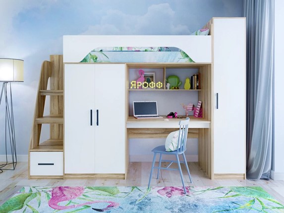 Кровать-чердак детская с шкафом Тея, каркас Ясень, фасад Белый в Хабаровске - изображение