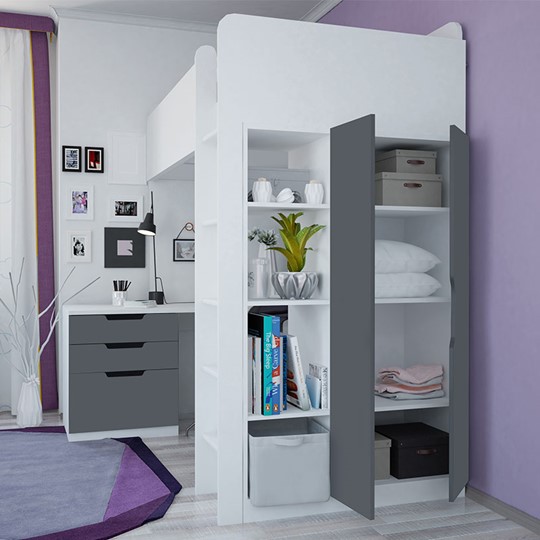 Детская кровать с письменным столом и шкафом POLINI Kids Simple Белый / Серый в Хабаровске - изображение 1