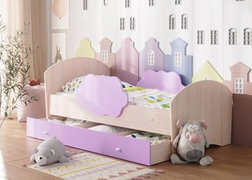Детская кровать с бортиками Тучка с ящиком, корпус Дуб млечный, фасад Ирис в Комсомольске-на-Амуре