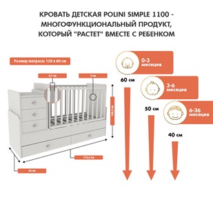 Кровать для новорожденных с комодом POLINI Kids Simple 1100 Белый в Комсомольске-на-Амуре - предосмотр 2