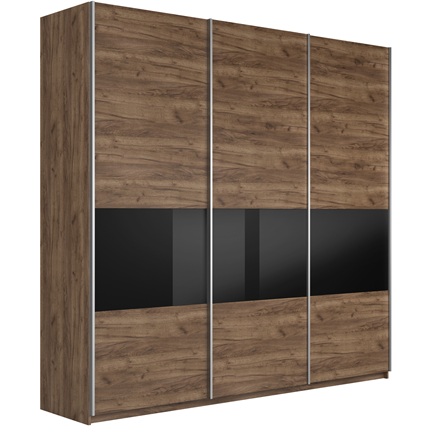 Шкаф 3-х створчатый Широкий Прайм (ДСП / Черное стекло) 2400x570x2300, Крафт Табачный в Хабаровске - изображение