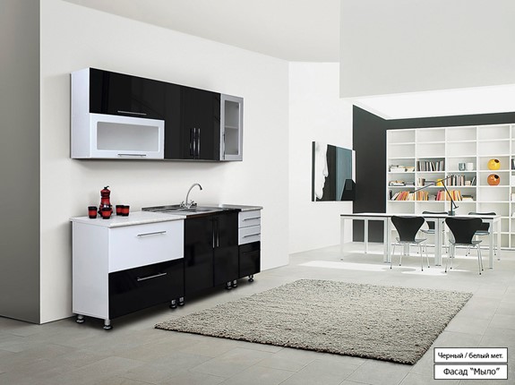 Кухонный гарнитур Мыло 224 2000х718, цвет Черный/Белый металлик в Хабаровске - изображение