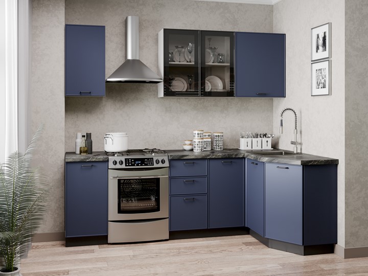 Кухонный угловой гарнитур 2400 Индиго, Белый/Темно-синий в Хабаровске - изображение