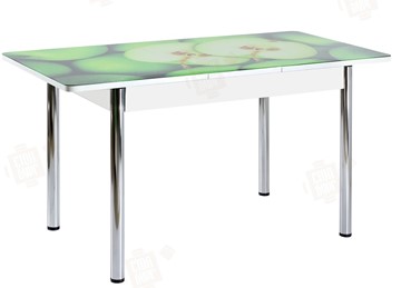 Кухонный стол раскладной Айсберг-02 СТФ, белое лдсп/зеленые яблоки/ноги хром прямые в Комсомольске-на-Амуре