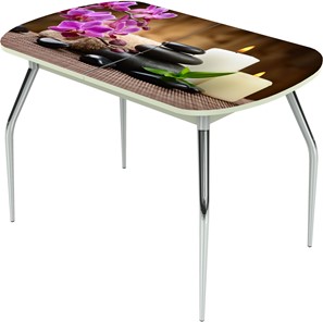 Кухонный стол раскладной Ривьера исп.2 ноги метал. крашеные №24 Фотопечать (Цветы №18) в Комсомольске-на-Амуре