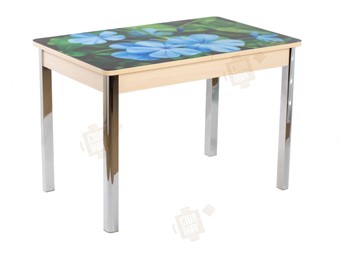 Кухонный стол раскладной Айсберг-01 СТФ, дуб/фотопечать фиалка/ноги хром квадратные в Хабаровске