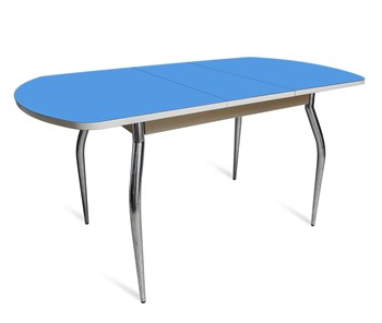 Кухонный раздвижной стол ПГ-01 СТ2, дуб молочный/синие стекло/35 хром гнутые металл в Комсомольске-на-Амуре - предосмотр
