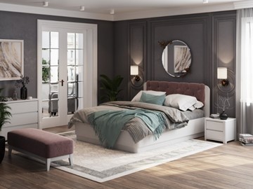 Двуспальная кровать с механизмом Wood Home 1 200х200, Белая эмаль (сосна) с брашированием/Бентлей Нежно-лиловый в Хабаровске