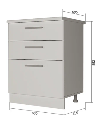 Кухонная тумба 3 ящика Н3Я 60, Сатин/Белый в Хабаровске - изображение
